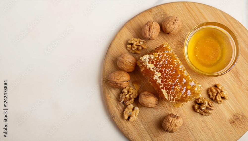Honeycomb, walnuts, and honey on a wooden board. A healthy and delicious snack. Honeycomb, walnuts, and honey on a wooden board. A healthy and delicious snack.