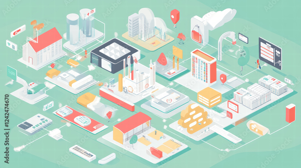 Fototapeta premium Isometric graphic of cloud technology, big data, and modern infrastructure. This illustration showcases various buildings, data centers, and technology elements in vibrant layout