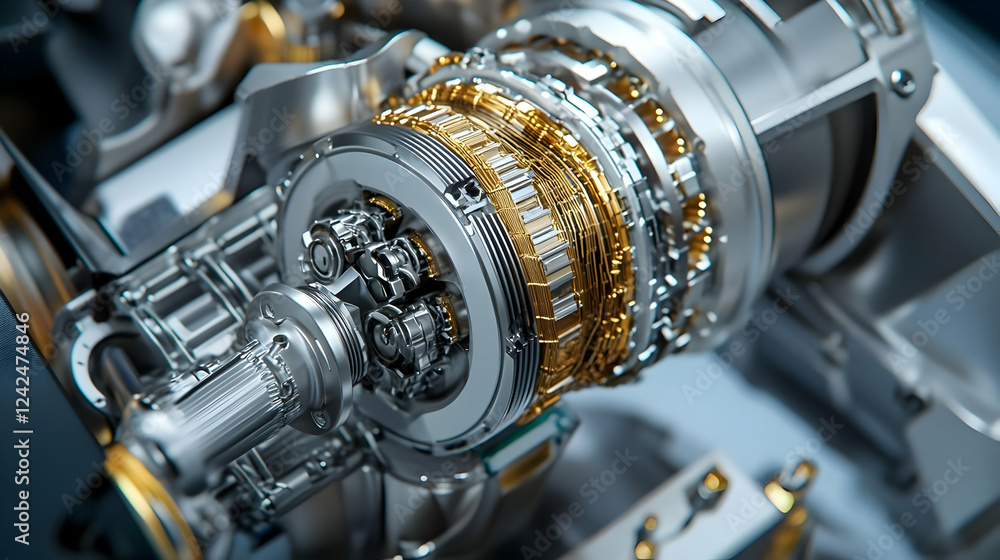 Detailed view of a complex machine part featuring metal components and gears. Detailed view of a complex machine part featuring metal components and gears.