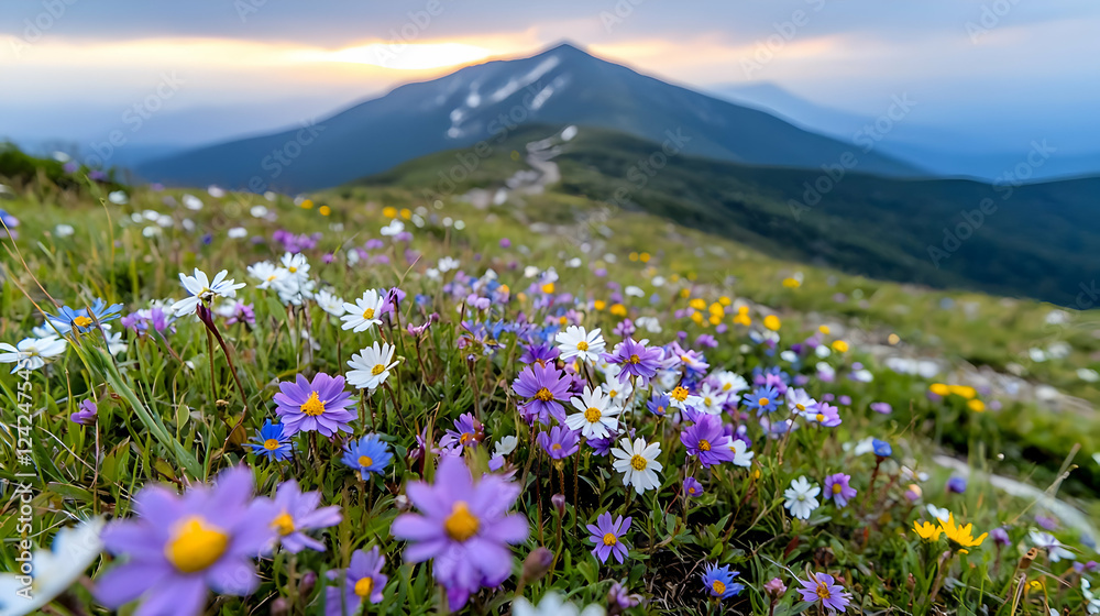 Obraz premium Vibrant purple and white wildflowers bloom in an alpine meadow with a winding trail leading to a distant mountain peak at sunset.