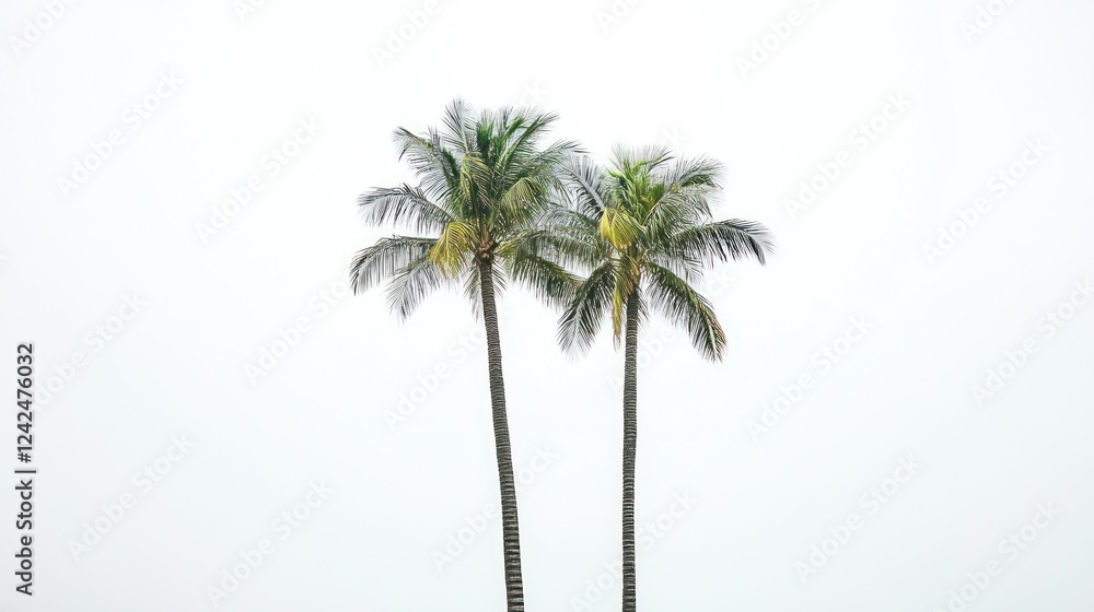 Fototapeta premium Two palm trees against a hazy sky, tropical vacation postcard