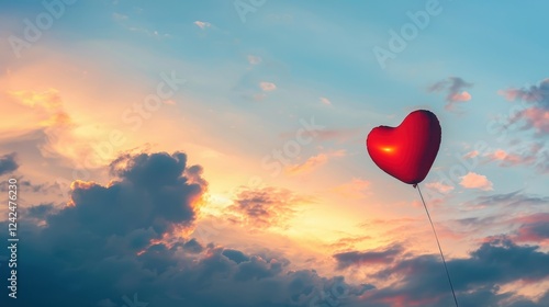 Fototapeta Naklejka Na Ścianę i Meble -  Heart-shaped balloon floating among clouds at sunset, embodying love and dreams