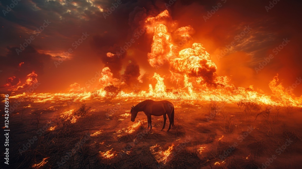 Fototapeta premium Hyperrealistic depiction of a savanna engulfed in flames
