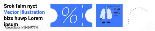 Percentage symbol coupon, medical lungs chart, curved dashed path. Ideal for health data, discounts, medical research, infographic design, data analysis, education tools abstract line flat metaphor