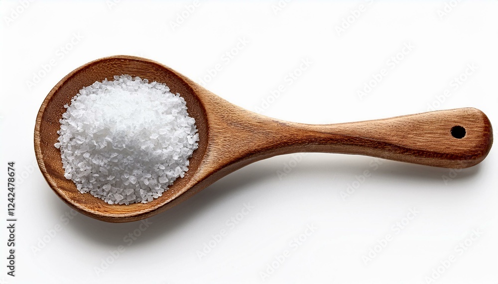Sea salt in a wooden spoon. Wooden spoon with salt isolated white background Sea salt in a wooden spoon. Wooden spoon with salt isolated white background