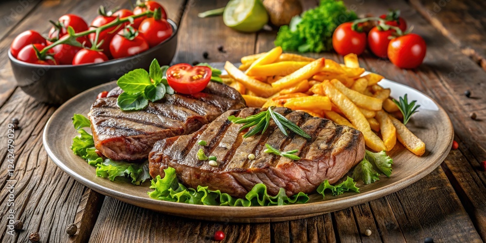 Aerial View: Grilled Beef Steaks, Salad, & Fries on Rustic Wood Aerial View: Grilled Beef Steaks, Salad, & Fries on Rustic Wood
