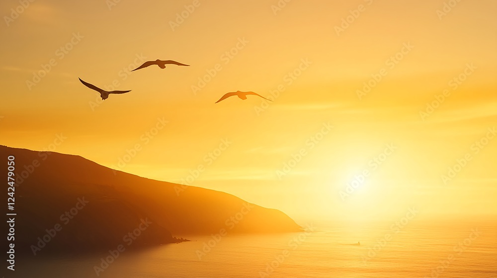 Obraz premium Golden Sunset Over Coastal Landscape