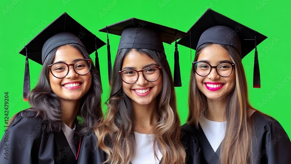 Graduation Day Smiles: Three diverse young women in graduation caps and gowns radiate joy and accomplishment. The green screen background allows for endless possibilities for creative use. Graduation Day Smiles: Three diverse young women in graduation caps and gowns radiate joy and accomplishment. The green screen background allows for endless possibilities for creative use.