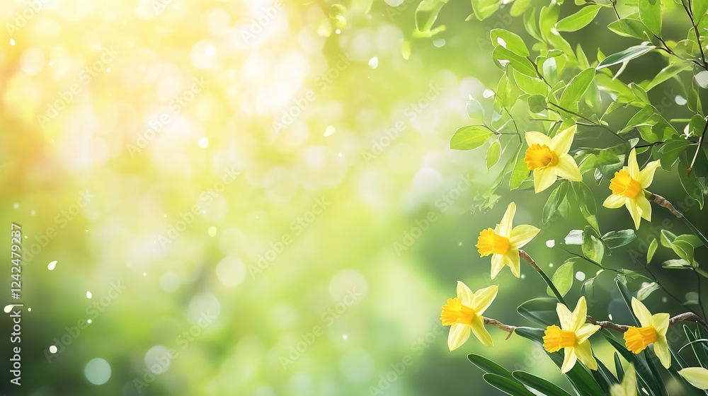 Beautiful Yellow Daffodils in Spring Garden with Blurred Green Background: Floral Bloom and Flowering Harmony Beautiful Yellow Daffodils in Spring Garden with Blurred Green Background: Floral Bloom and Flowering Harmony