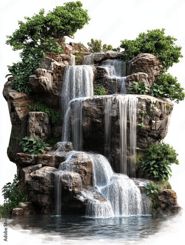 Naklejka premium Majestic Waterfall Cascading Over Rock Formation Surrounded by Lush Greenery and Vibrant Plants in Natural Setting