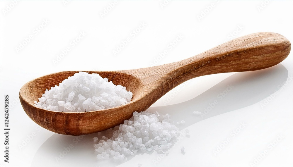 Sea salt in a wooden spoon. Wooden spoon with salt isolated white background Sea salt in a wooden spoon. Wooden spoon with salt isolated white background