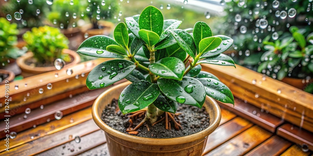 Autumn Greenhouse: Top View of Ficus Microcarpa with Raindrops Autumn Greenhouse: Top View of Ficus Microcarpa with Raindrops