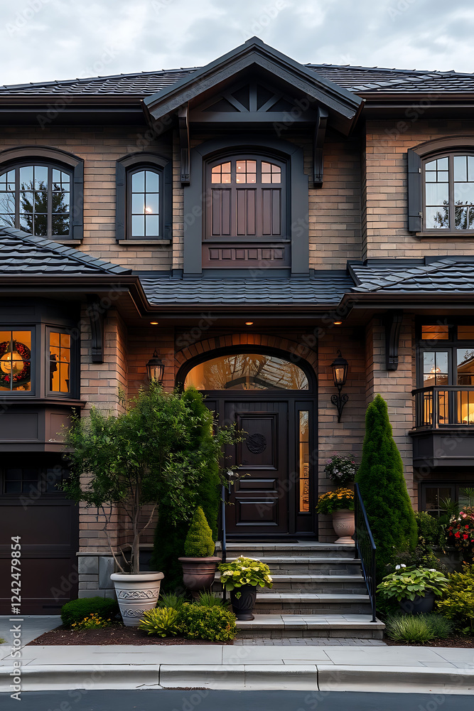 Fototapeta premium Luxury Brick House Exterior at Night. Modern Home Design, Elegant Entrance, and Beautiful Landscaping. Real Estate Photography
