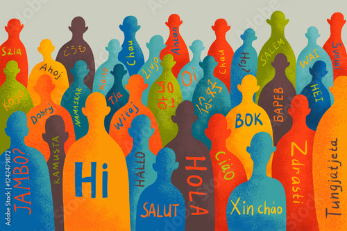 Diverse group of people greeting each other in various languages