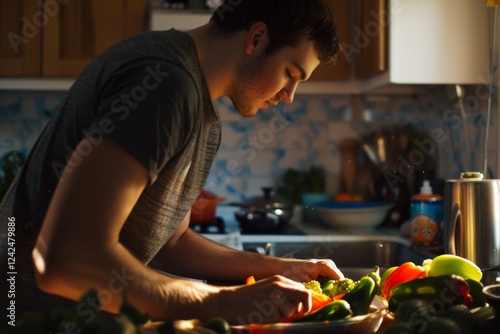 A man carefully chopping vegetables in a softly lit kitchen photo