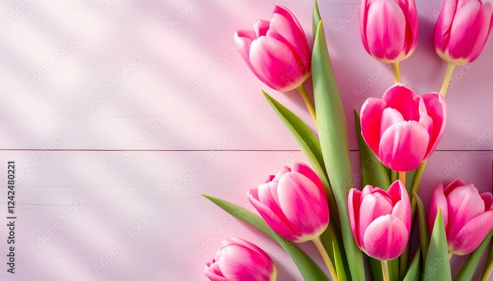 Obraz premium Pink Tulips on a Pink Wooden Background: A Springtime Delight