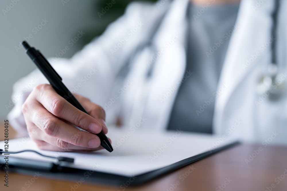 Close-up of hand doctor using pen on clipboard. Medical documentation, patient charting, prescription management and record-keeping in clinical, hospital or telemedicine. Close-up of hand doctor using pen on clipboard. Medical documentation, patient charting, prescription management and record-keeping in clinical, hospital or telemedicine.