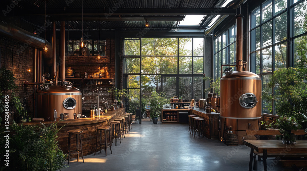 Exposed pipes in a brewery, integrated into the design to create an authentic industrial aesthetic Exposed pipes in a brewery, integrated into the design to create an authentic industrial aesthetic