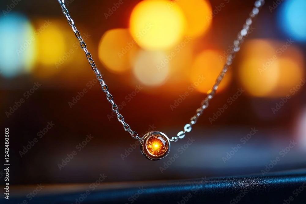 Fototapeta premium Elegant Amber Gemstone Pendant Necklace, Sparkling in City Lights