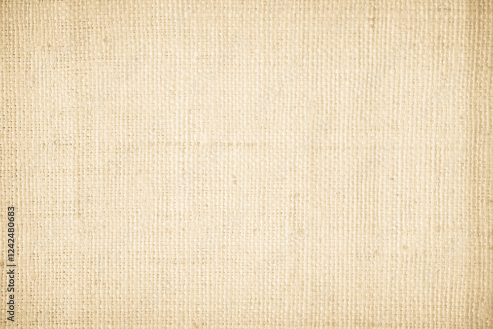 Fototapeta premium Brown sackcloth woven texture background in natural pattern. Jute hessian burlap, linen background in light beige cream color blank. Weaving canvas fiber line cotton cloth textured as organic.