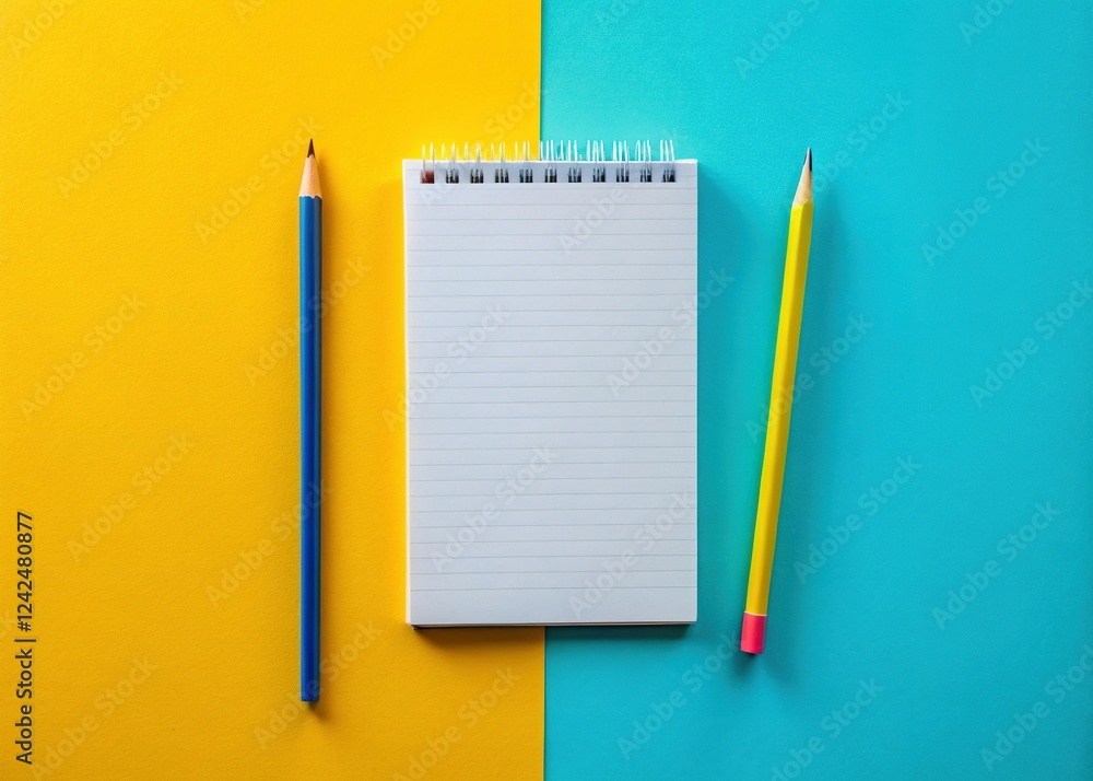 Colorful Flat Lay: Notebook, Pencil & Double Exposure Effect - Stock Photo Colorful Flat Lay: Notebook, Pencil & Double Exposure Effect - Stock Photo