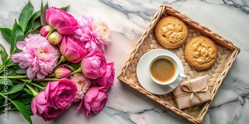 Fototapeta Naklejka Na Ścianę i Meble -  Cozy Morning Breakfast: Wicker Tray, Peonies, Coffee, Cookies & Gift Box on Marble