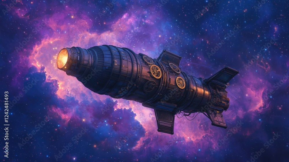 Naklejka premium Futuristic Spacecraft Flying Through Colorful Nebula in Galaxy