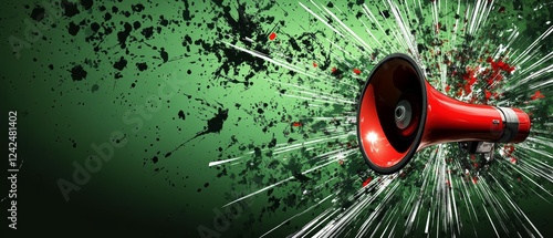 Green splatter background with a red loudspeaker and silver starburst rays creating a bold and eye-catching design photo