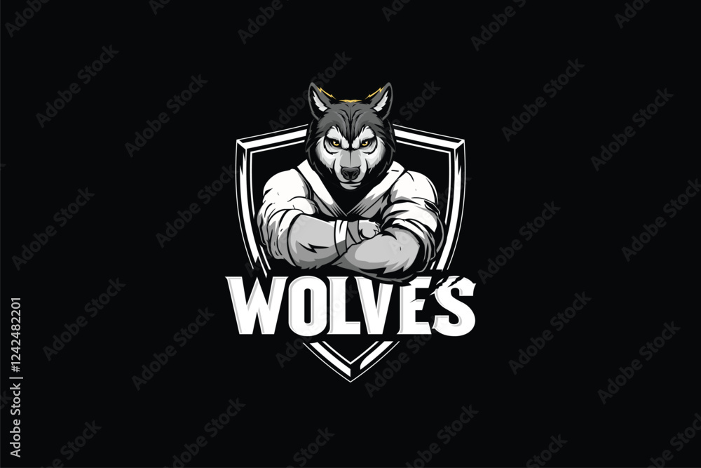 Naklejka premium Wolf cartoon with martial arts kimono badge logo vector image template
