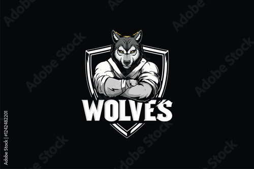 Wolf cartoon with martial arts kimono badge logo vector image template photo