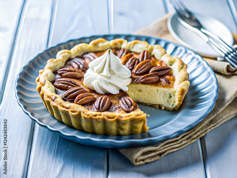 Tasty classic pecan pie with pumpkin puree filling and whipped cream. Delicious dessert food background Tasty classic pecan pie with pumpkin puree filling and whipped cream. Delicious dessert food background