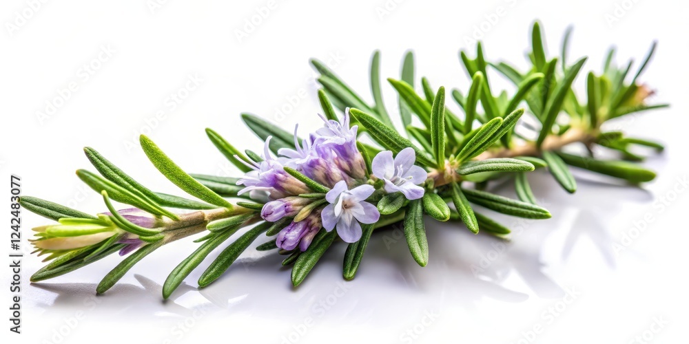 A sprig of fresh rosemary with fragrant leaves and delicate purple flowers against a soft white background, culinary A sprig of fresh rosemary with fragrant leaves and delicate purple flowers against a soft white background, culinary