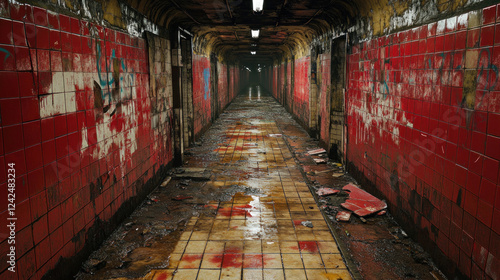 Urban decay in a disused subway station, with broken tiles, graffiti, and eerie, dim lighting photo