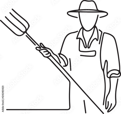 Simple Line Art of a Farmer Holding a Pitchfork