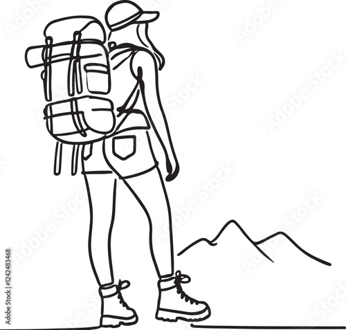 Minimalist Line Drawing of Female Hiker with Backpack
