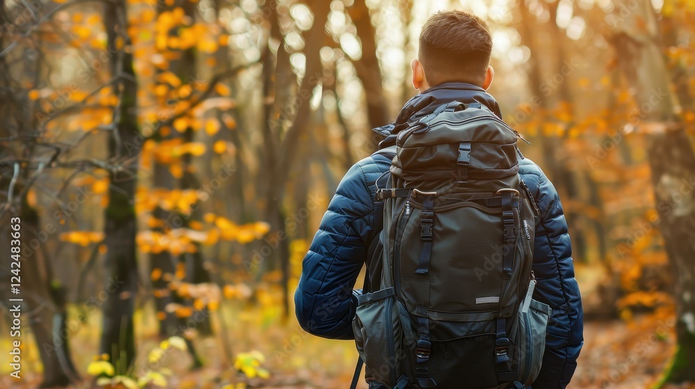 Man with a travel backpack exploring an autumn forest trail Man with a travel backpack exploring an autumn forest trail