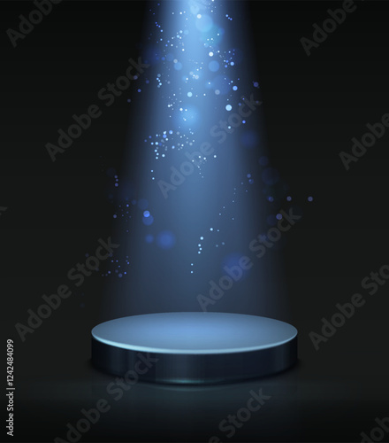 Vector abstract illustration. Spot light from above with glow and sparkles and magic light and dark podium on black background.