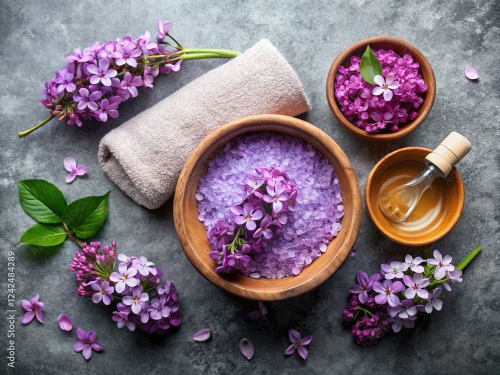 Lavender Spa Aromatherapy: Wooden Bowl, Lilac Flowers, Towel, Grey Stone Lavender Spa Aromatherapy: Wooden Bowl, Lilac Flowers, Towel, Grey Stone