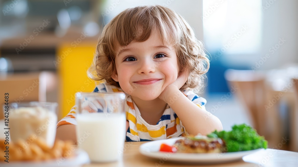 Happy toddler enjoying healthy meal, milk, veggies, and snacks. Perfect for blogs on healthy kids' diets and nutrition.