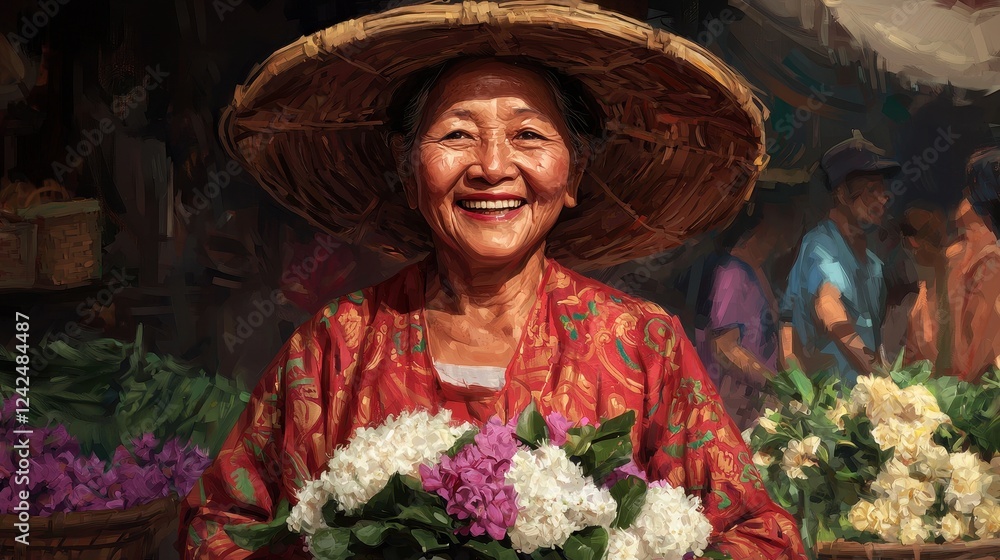 Fototapeta premium Joyful elderly woman holding colorful flowers in a vibrant market