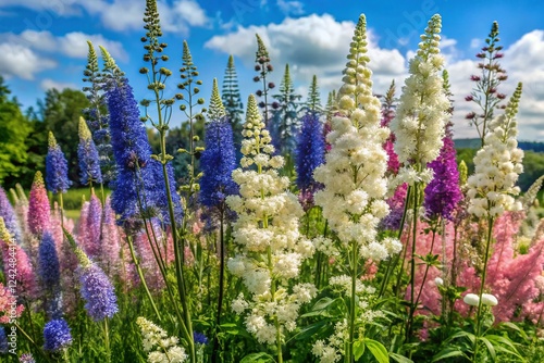 Lush Meadowsweet and Larkspur Blooming in Summer Meadow - Stock Photo photo