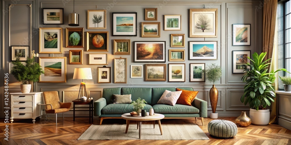 A beautifully styled room with a frame gallery on the wall featuring various artwork pieces in different styles and frames, artistic , wall decor A beautifully styled room with a frame gallery on the wall featuring various artwork pieces in different styles and frames, artistic , wall decor