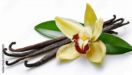 Vanilla pods and flower. Vanilla flower with pods and leaves isolated white background. 
