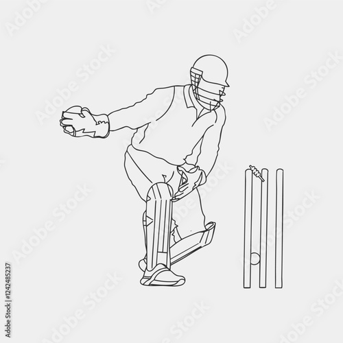 Dynamic Cricket Sport, One Line Drawing of Cricketer in Action. Wicket keeper vector line drawing illustration. hand drawn continuous one line cartoon doodle sketch drawing clip art of cricketer. 