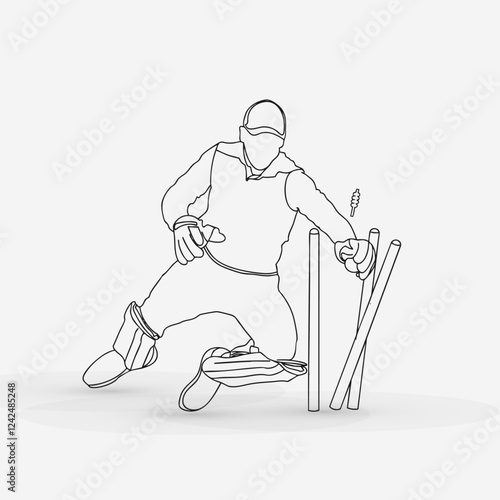 Dynamic Cricket Sport, One Line Drawing of Cricketer in Action. Wicket keeper vector line drawing illustration. hand drawn continuous one line cartoon doodle sketch drawing clip art of cricketer. 