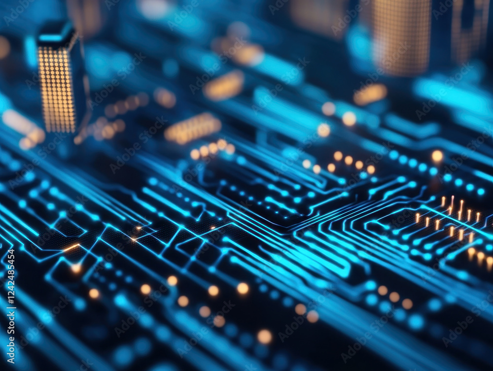Futuristic digital cityscape with glowing blue circuits Futuristic digital cityscape with glowing blue circuits
