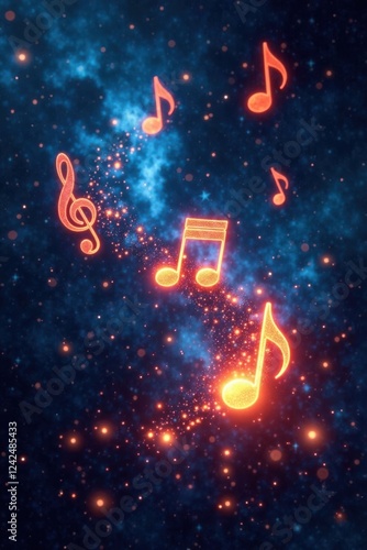 Celestial Symphony Glowing Musical Notes Adorn a Night Sky Background