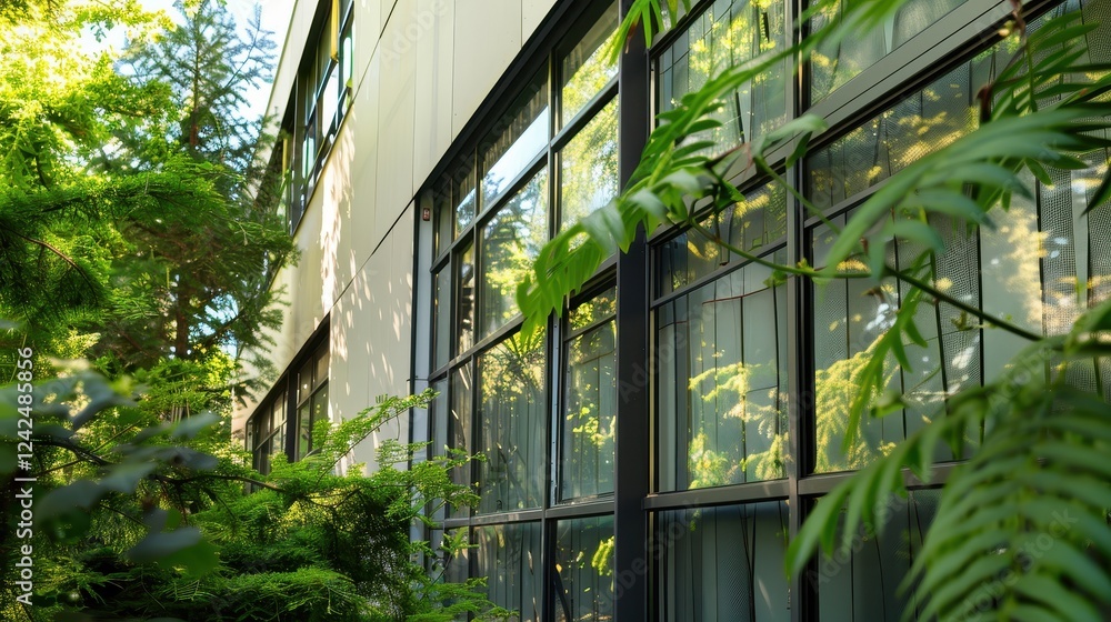 Fototapeta premium Modern building with large windows blending into lush greenery
