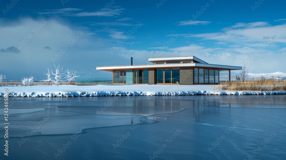 Fototapeta premium Modern house featuring open spaces by water and snow under blue skies