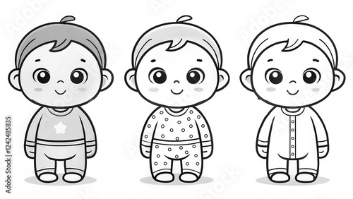 Cute little boy icon set. Coloring page of outline  stickers of little baby boy in pajamas, diaper. Child sleeping, sitting, crawling. Emblem of kid health. Vector monochrome illustration. photo